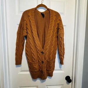 AGNES & DORA Cozy Cable Knit Long Cardigan Sweater Women's S Camel Brown